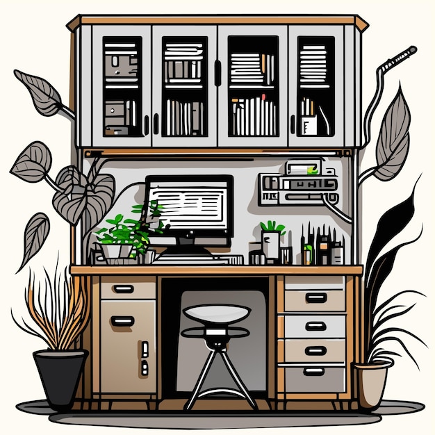 Vecteur armoire avec ordinateur et plantes suspendues stylo et livres concept dessiné à la main illustration isolée