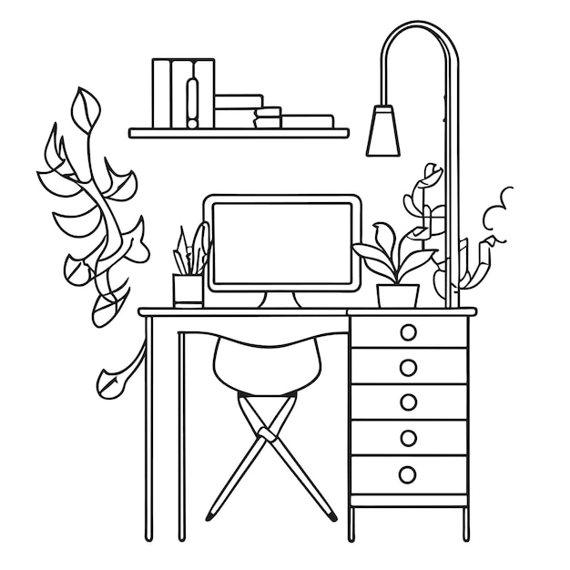 Vecteur armoire avec ordinateur et plantes suspendues stylo et livres concept dessiné à la main illustration isolée