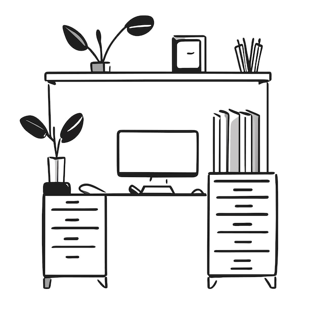 Vecteur armoire avec ordinateur et plantes suspendues stylo et livres concept dessiné à la main illustration isolée
