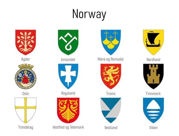 Vecteur armoiries des provinces de norvège collection d'emblèmes de toutes les régions norvégiennes