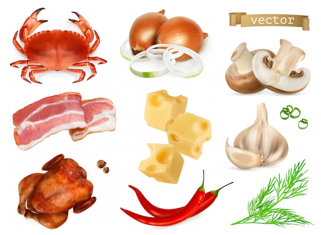 Arômes et assaisonnements alimentaires pour collations, additifs naturels, épices et autres goûts en cuisine. Crabe, bacon, poulet, oignon, fromage, poivre, champignons, aneth, ail, jeu d'icônes réaliste 3d