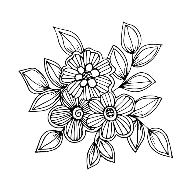 Arrangement de bouquet de fleurs dessinés à la main en vecteur de style doodle ou croquis de couleur noir et blanc