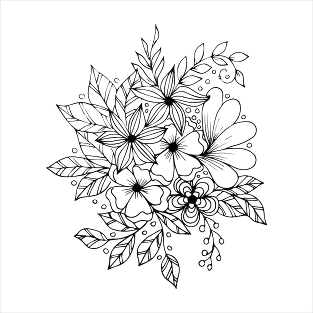 Arrangement De Bouquet De Fleurs Dessinés à La Main En Vecteur De Style Doodle Ou Croquis De Couleur Noir Et Blanc