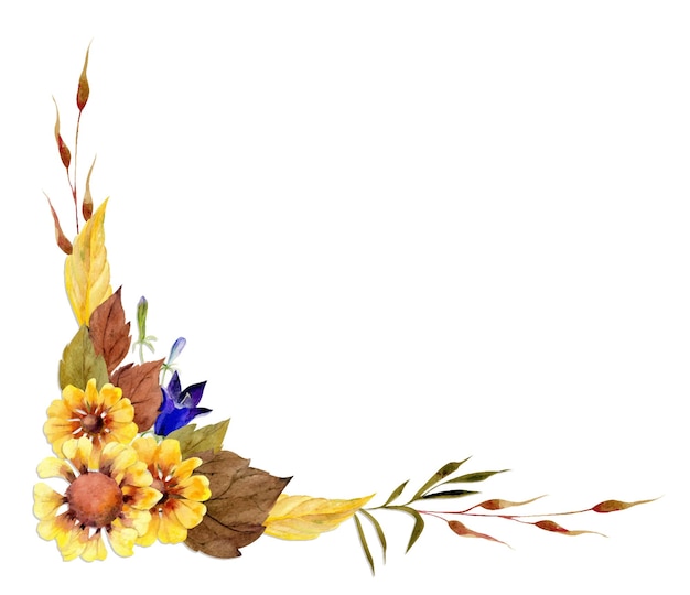 Arrangement de cadre aquarelle avec campanule d'automne dessiné à la main et fleurs et feuilles de zinnia Isolé sur fond blanc Conception pour les invitations de mariage ou de cartes de voeux papier peint imprimé