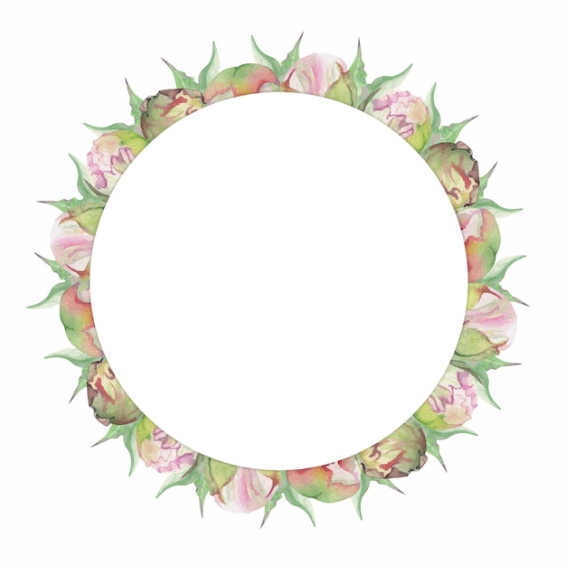 Arrangement De Cadre De Cercle Aquarelle Avec Bourgeons Et Feuilles De Fleurs De Pivoine Rose Délicates Dessinés à La Main Isolé Sur Fond Blanc Pour Les Invitations De Mariage Amour Ou Cartes De Voeux Papier Impression Textile