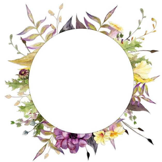 Vecteur arrangement de cadre de cercle aquarelle avec des branches et des feuilles de fleurs d'automne dessinés à la main isolé sur fond blanc conception pour les invitations de mariage ou de cartes de voeux papier peint impression textile