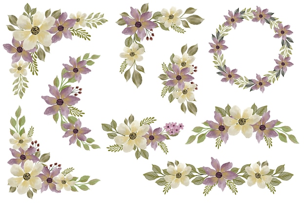 Vecteur arrangement de cadre floral aquarelle violet et jaune
