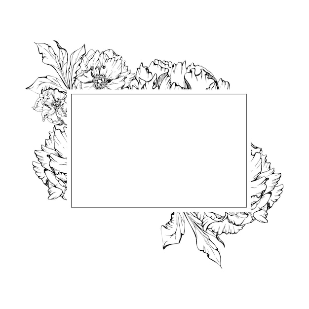 Arrangement de couronne de cadre carré vectoriel dessiné à la main avec des bourgeons de fleurs de pivoine et des feuilles Isolé sur fond blanc Conception pour les invitations de mariage ou de cartes de voeux papier peint impression textile