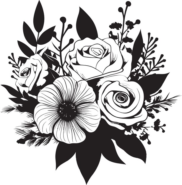 Vecteur arrangement de fleurs capricieux dessin noir petit bouquet emblème noir délicat