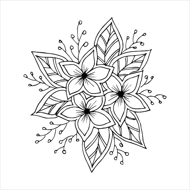 Arrangement De Fleurs Délicates Dessinées à La Main Dans Le Style Doodles Illustration Vectorielle En Noir Et Blanc