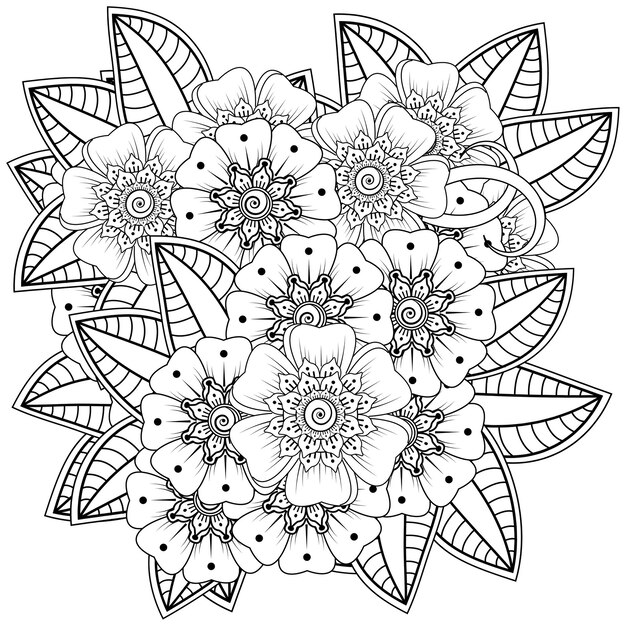 Vecteur arrangement de fleurs mehndi. ornement décoratif. main de contour dessiner la page de livre de coloriage.