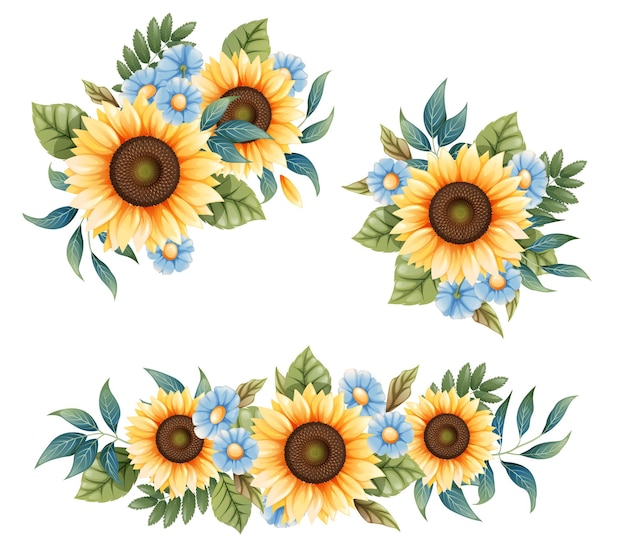 Vecteur arrangement floral de tournesols et d'oubli bleu sur un fond isolé bouquet de fleurs sauvages et agricoles