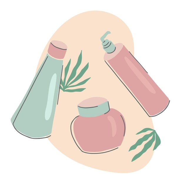 Arrangement De Produits De Beauté Flatlay Avec Bouteilles Et Tubes Cosmétiques Illustration Vectorielle Dessinée à La Main