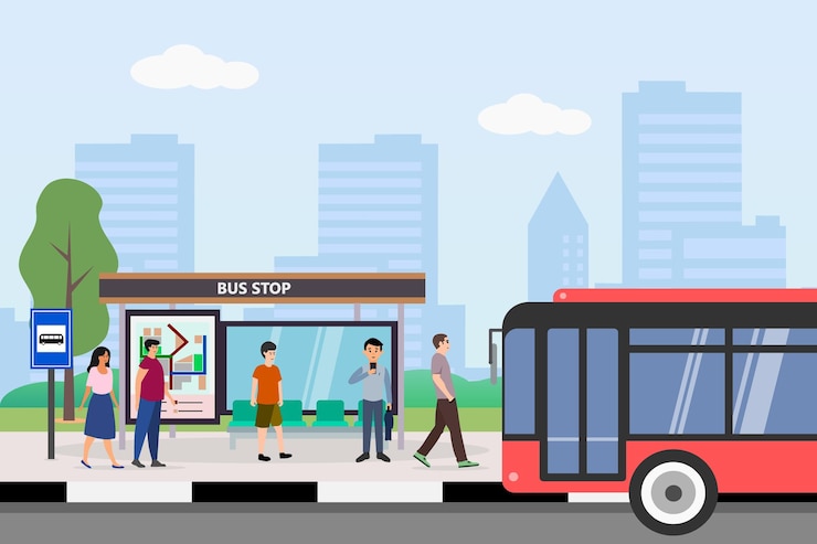 Vecteur arrêt de bus avec abri sur la rue de la ville paysage urbain avec station de transport public et bâtiments en arrière-plan illustration de dessin animé vectoriel