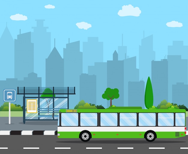 Arrêt De Bus Avec City Skyline
