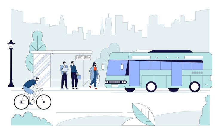 Vecteur arrêt de bus personnes en attente d'un homme de bus faisant du vélo personnages de dessins animés transports publics