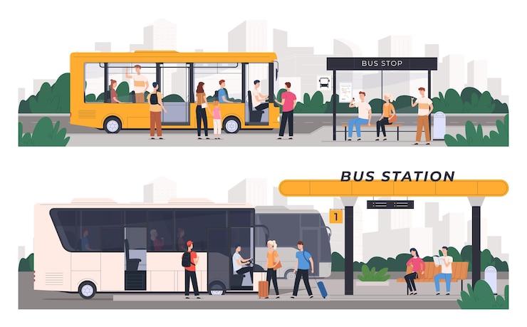Vecteur arrêt de bus transports publics de personnes transport en bus urbain et interurbain voyages touristiques