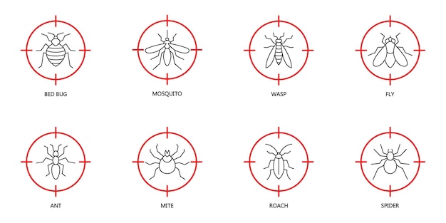 Arrêter L'ensemble D'icônes D'insectes Icônes De Lutte Antiparasitaire Sur La Cible Rouge Insectes Sous La Menace D'une Arme à Feu Punaises De Lit Moustiques Guêpes Mouches Fourmis Acariens Cafards Et Symboles D'araignées Illustration Vectorielle