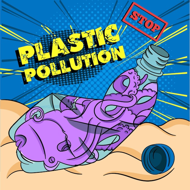 Vecteur arrêtez l'avertissement de pollution plastique popart image de concept avec une pieuvre piégée à l'intérieur d'une bouteille froissée