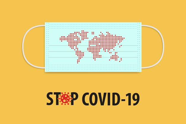 Arrêtez le concept du Coronavirus Covid-19. Masque médical avec point rouge informer la carte du monde.