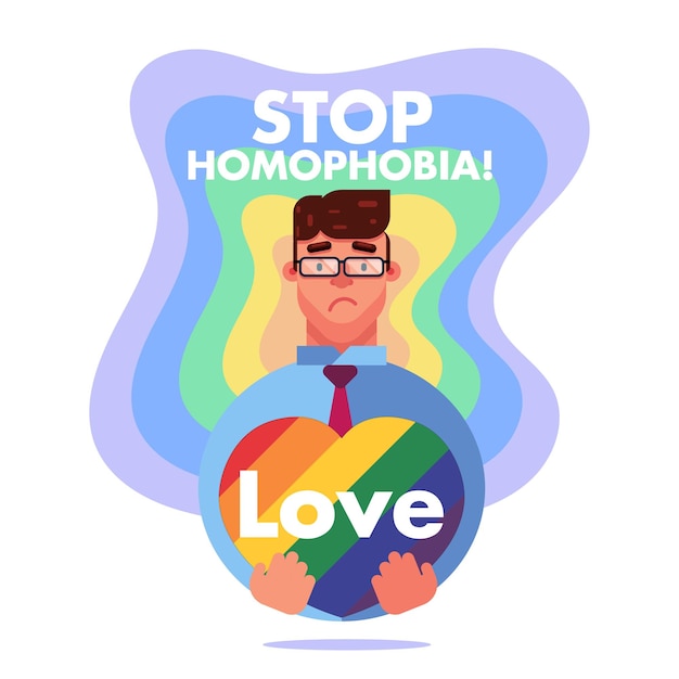 Vecteur arrêtez l'homophobie amour fierté lgbt triste homme gay protestation arc-en-ciel fond coeur affiche vecteur bannière