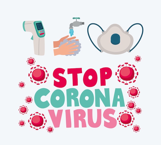 Arrêtez Les Lettres De Virus Corona En Couleur Avec Un Masque De Sécurité Et Un Robinet.