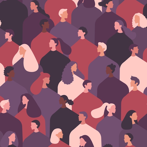 Arrêtez le racisme. Multinationalité. Les vies des Noirs comptent. Style plat différentes personnes. Modèle sans couture violet. Fond rose - illustration vectorielle.