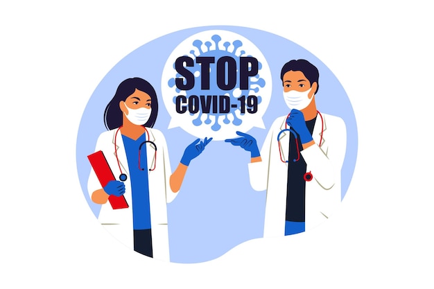 Arrêtez Le Virus Covid19. Nouvelle Souche De Coronavirus. Les Jeunes Médecins Praticiens Consultent Et Diagnostiquent. Illustration Vectorielle. Appartement.