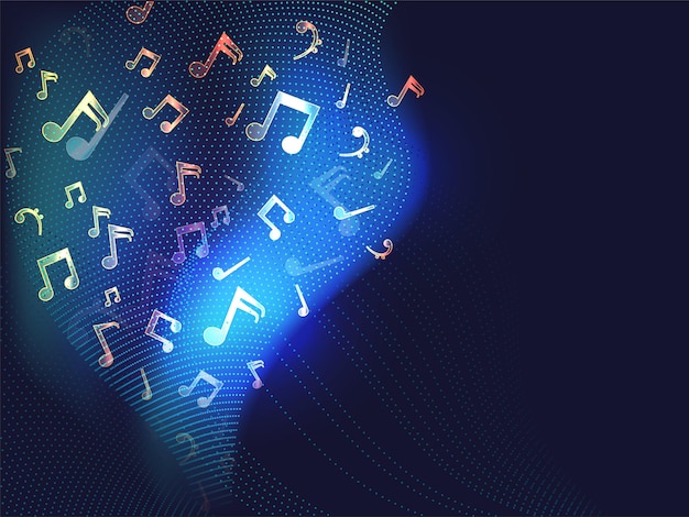 Arrière-plan abstrait de couche de vague en pointillé avec des notes de musique à effet de lumière.