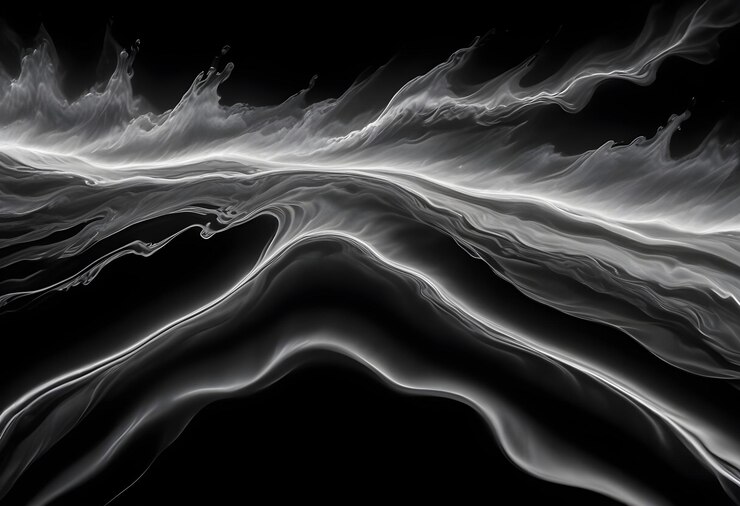 Arrière-plan abstrait d'un liquide blanc coulant sur un fond noir Le liquide ressemble à une vague ou à un courant coulant créant un sentiment de mouvement et d'énergie