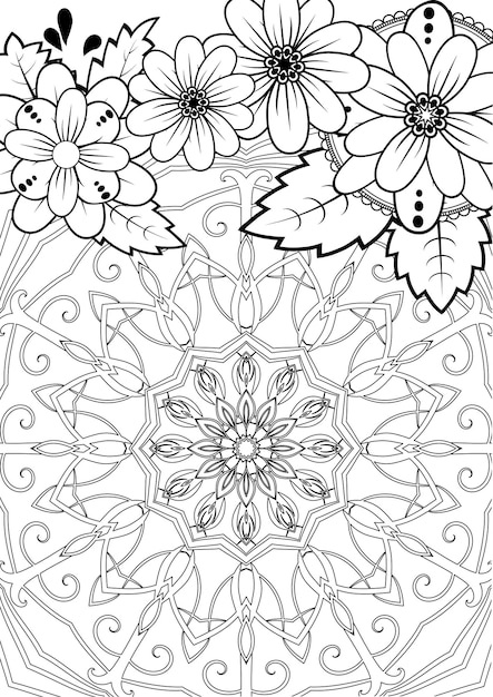 Vecteur arrière-plan abstrait avec un mandala avec des fleurs, des feuilles et des tourbillons sur un fond blanc antistress