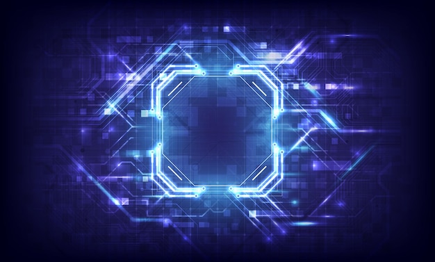 Arrière-plan abstrait matériel et logiciel Carte de circuit imprimé Processeur de puce Carte mère et programmeur de code Ingénieur informatique Hitech Écran de pixels et codage de base de données Effet d'éclairage au néon bleu