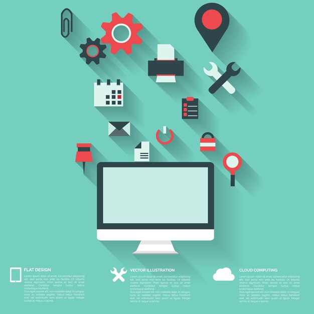 Vecteur arrière-plan abstrait plat avec des icônes web, des symboles d'interface, du cloud computing et des appareils mobiles