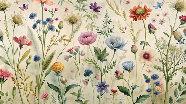 Arrière-plan En Aquarelle De Fleurs Sauvages De Style Botanique Vintage