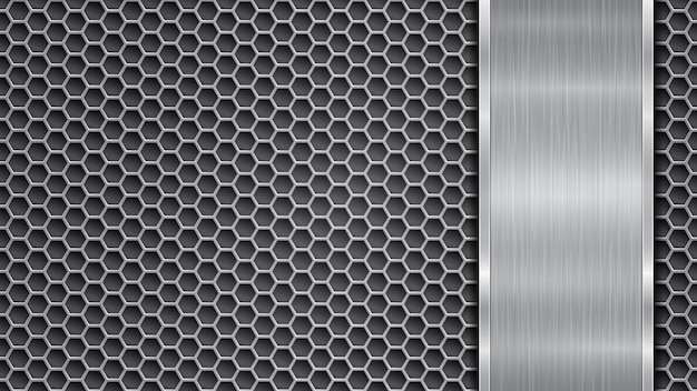 Arrière-plan aux couleurs argent et gris, composé d'une surface métallique perforée avec des trous et d'une plaque polie verticale située sur le côté droit, avec une texture métallique, des reflets et des bords brillants