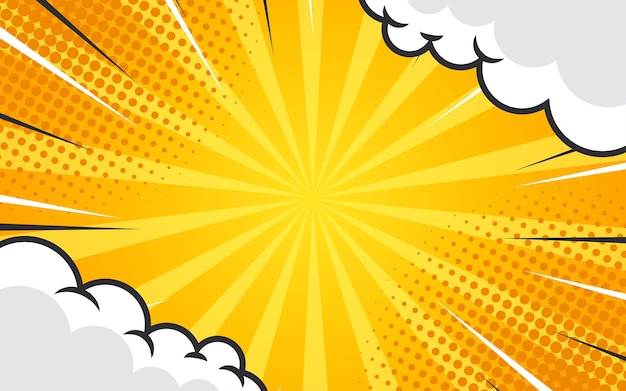 Arrière-plan de bande dessinée pop avec des couleurs à demi-ton et de mignons nuages