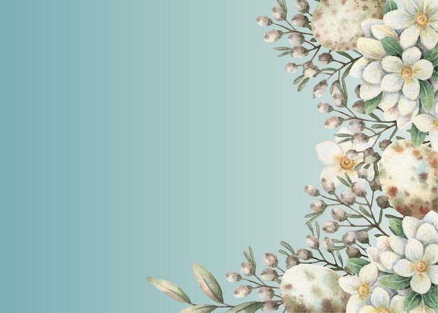 Arrière-plan bleu de Pâques avec œufs et fleurs sauvages dans le style vintage dessiné à la main en aquarelle avec