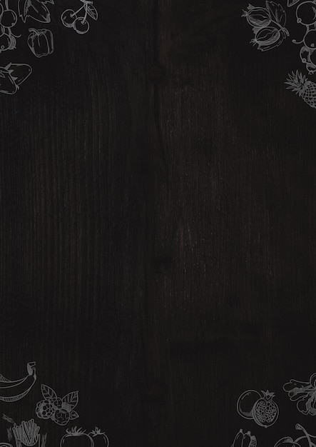 Arrière-plan en bois noir élégant avec des contours de fruits et de légumes