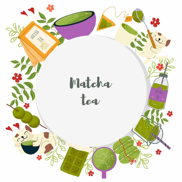 Arrière-plan De Cadre De Thé Matcha Plat Dessiné à La Main Avec Des Accessoires De Thé