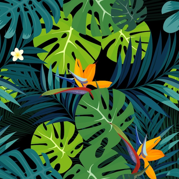 Arrière-plan coloré de fleurs, plantes et feuilles tropicales.