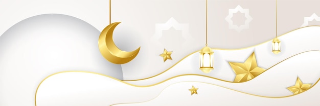 Arrière-plan De Conception De Bannière Large Colorée Blanche De Ramadhan Arrière-plan De Bannière Islamique Ramadan Kareem Avec Motif De Croissant Lune étoile Mosquée Lanterne Illustration Vectorielle