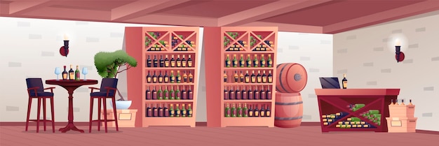 Vecteur arrière-plan de conception d'intérieur de magasin d'alcool magasin de vin avec table de bar pour la dégustation avec étagères à verres avec compteur de barils de bouteilles avec ordinateur