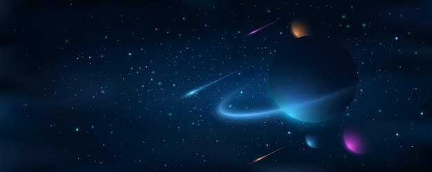 Arrière-plan cosmique avec des planètes colorées contre les étoiles brillantes Conception de couverture d'univers abstrait Ciel nocturne étoilé avec étoile tombée Vue abstraite de l'univers Cosmos profond Illustration vectorielle