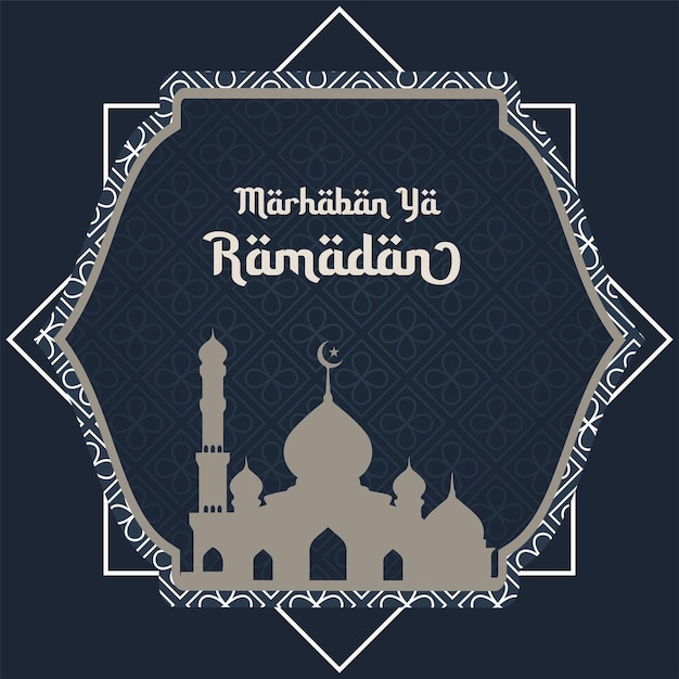 Vecteur arrière-plan du modèle marhaban ya ramadan, design avec, lanterne, mosquée sur fond bleu, vecteur