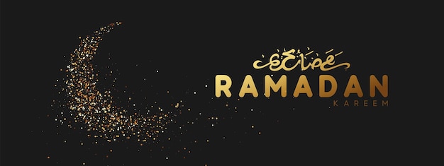 Vecteur arrière-plan du ramadan. le design est du sable avec un grincement doré de silhouette demi-mois. motif noir avec paillettes brillantes or lâche. texte calligraphique arabe du ramadan kareem. bannière sombre horizontale