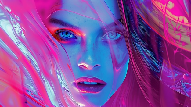 Vecteur arrière-plan du visage d'une femme à l'explosion de couleurs hyperintense
