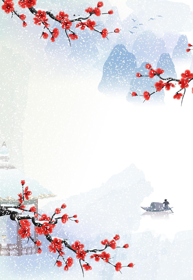 Vecteur arrière-plan enneigé d'hiver avec des branches de fleurs de prune au premier plan et des montagnes au loin