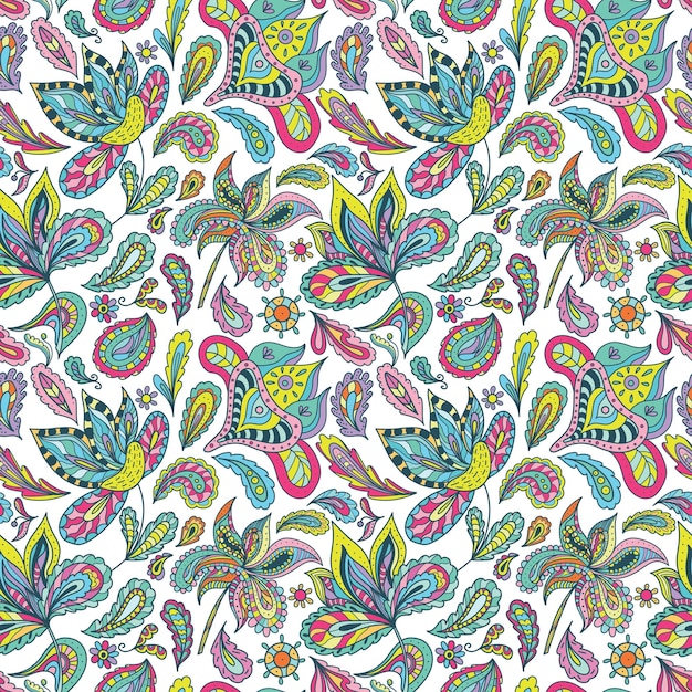 Arrière-plan ethnique lumineux avec ornements cachemire floraux et tourbillons multicolores dans un style de croquis pour la conception créative de textiles et de papiers peints