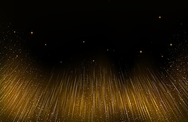 Arrière-plan foncé horizontal futuriste abstrait avec des lignes brillantes dorées, des étoiles et des étincelles Illustration vectorielle