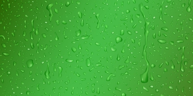 Vecteur arrière-plan avec des gouttes et des traînées d'eau aux couleurs vertes, coulant sur la surface